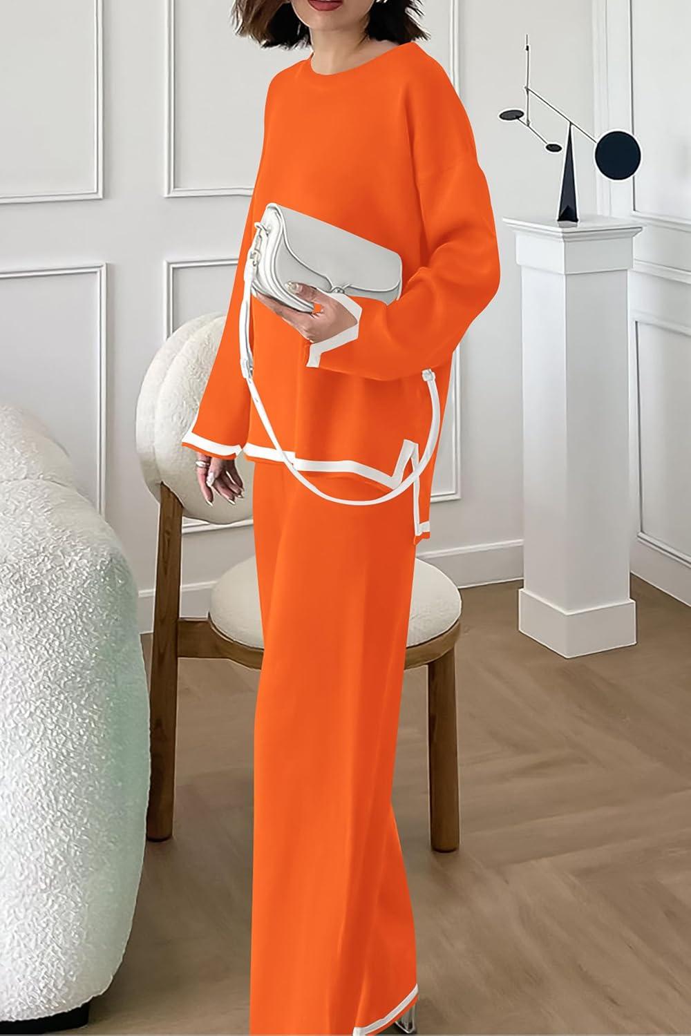 imagePRETTYGARDEN Womens 2 Piece Fall Knit Sweater Set Long Sleeve Tops Wide Leg Pants Sweatsuit Tracksuit Outfit Winter ClothingOrange