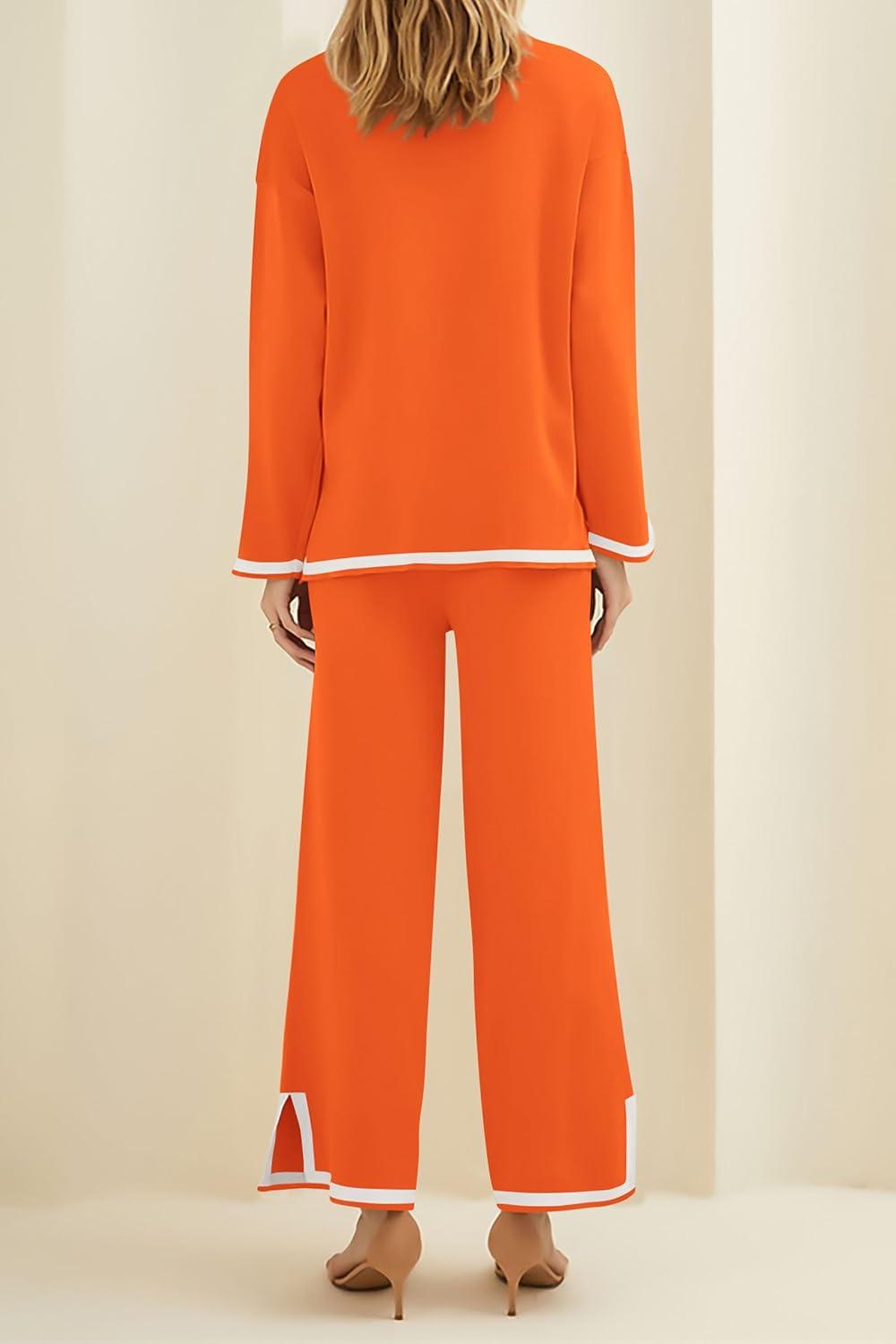 imagePRETTYGARDEN Womens 2 Piece Fall Knit Sweater Set Long Sleeve Tops Wide Leg Pants Sweatsuit Tracksuit Outfit Winter ClothingOrange