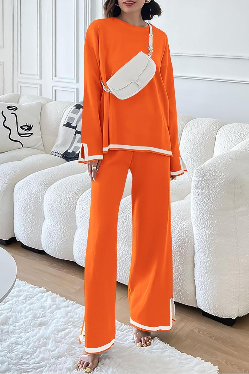 imagePRETTYGARDEN Womens 2 Piece Fall Knit Sweater Set Long Sleeve Tops Wide Leg Pants Sweatsuit Tracksuit Outfit Winter ClothingOrange