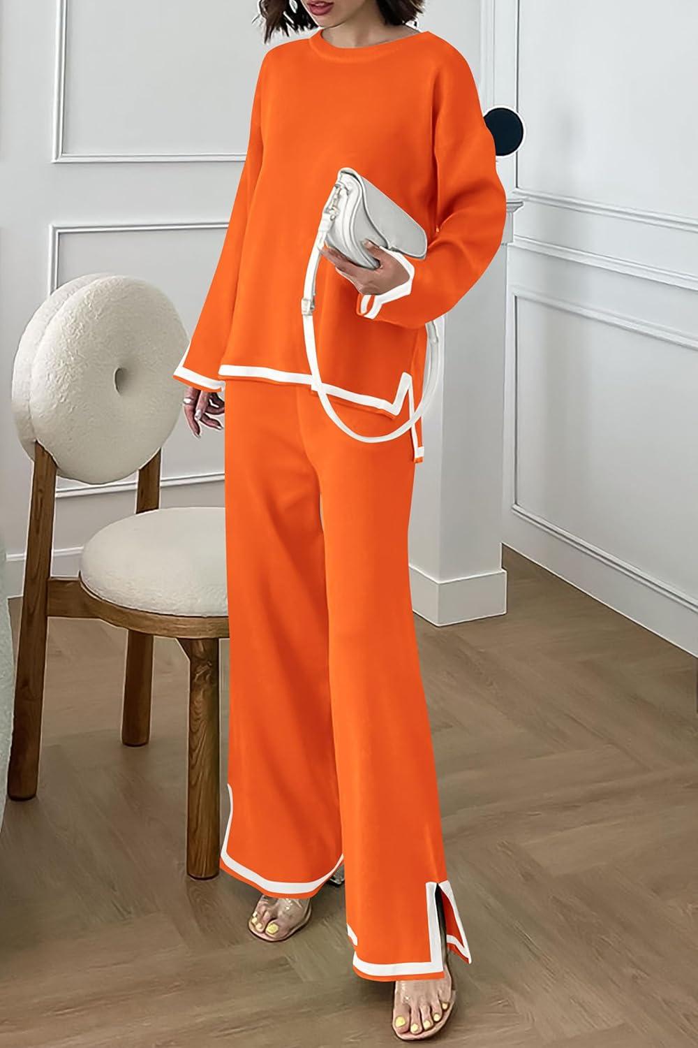 imagePRETTYGARDEN Womens 2 Piece Fall Knit Sweater Set Long Sleeve Tops Wide Leg Pants Sweatsuit Tracksuit Outfit Winter ClothingOrange