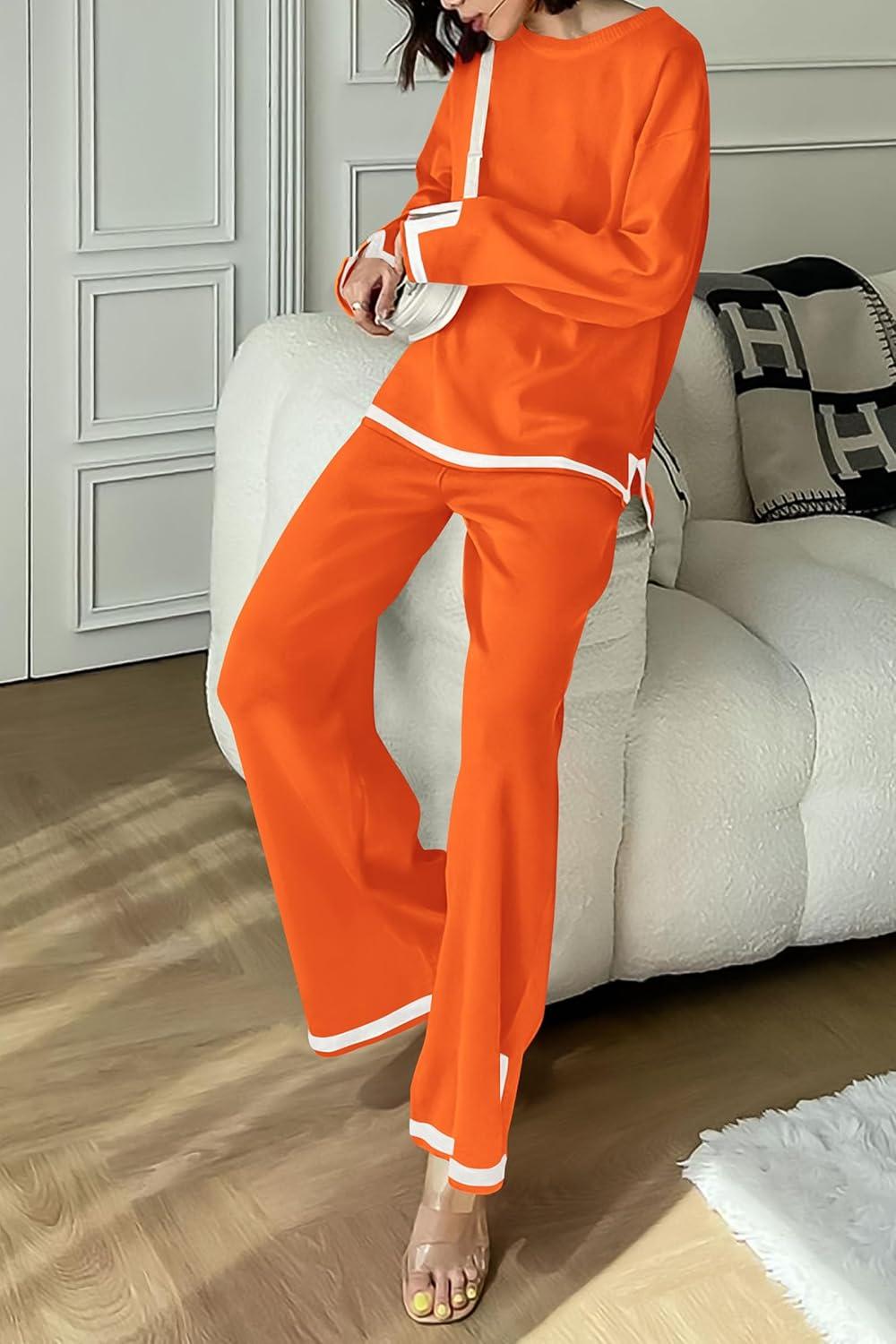 imagePRETTYGARDEN Womens 2 Piece Fall Knit Sweater Set Long Sleeve Tops Wide Leg Pants Sweatsuit Tracksuit Outfit Winter ClothingOrange