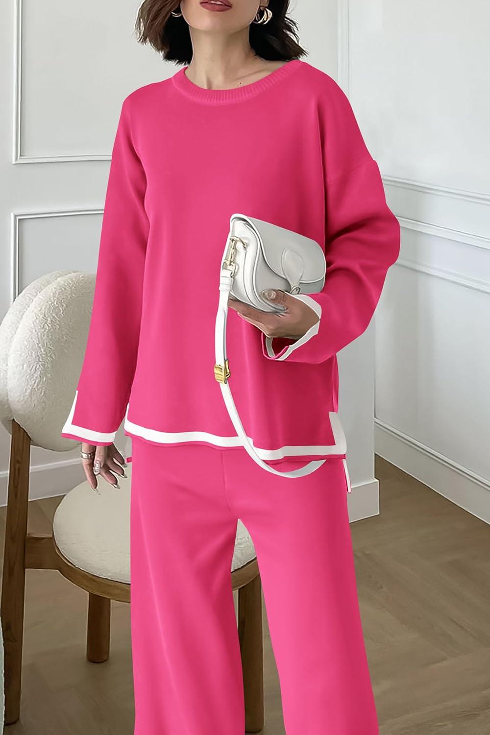 imagePRETTYGARDEN Womens 2 Piece Fall Knit Sweater Set Long Sleeve Tops Wide Leg Pants Sweatsuit Tracksuit Outfit Winter ClothingRose Red