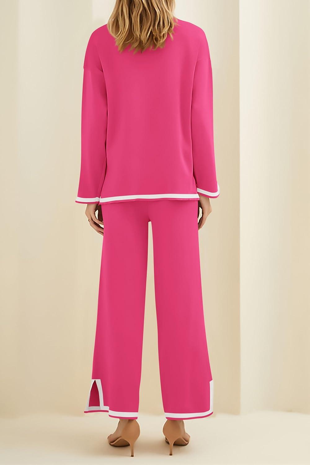 imagePRETTYGARDEN Womens 2 Piece Fall Knit Sweater Set Long Sleeve Tops Wide Leg Pants Sweatsuit Tracksuit Outfit Winter ClothingRose Red