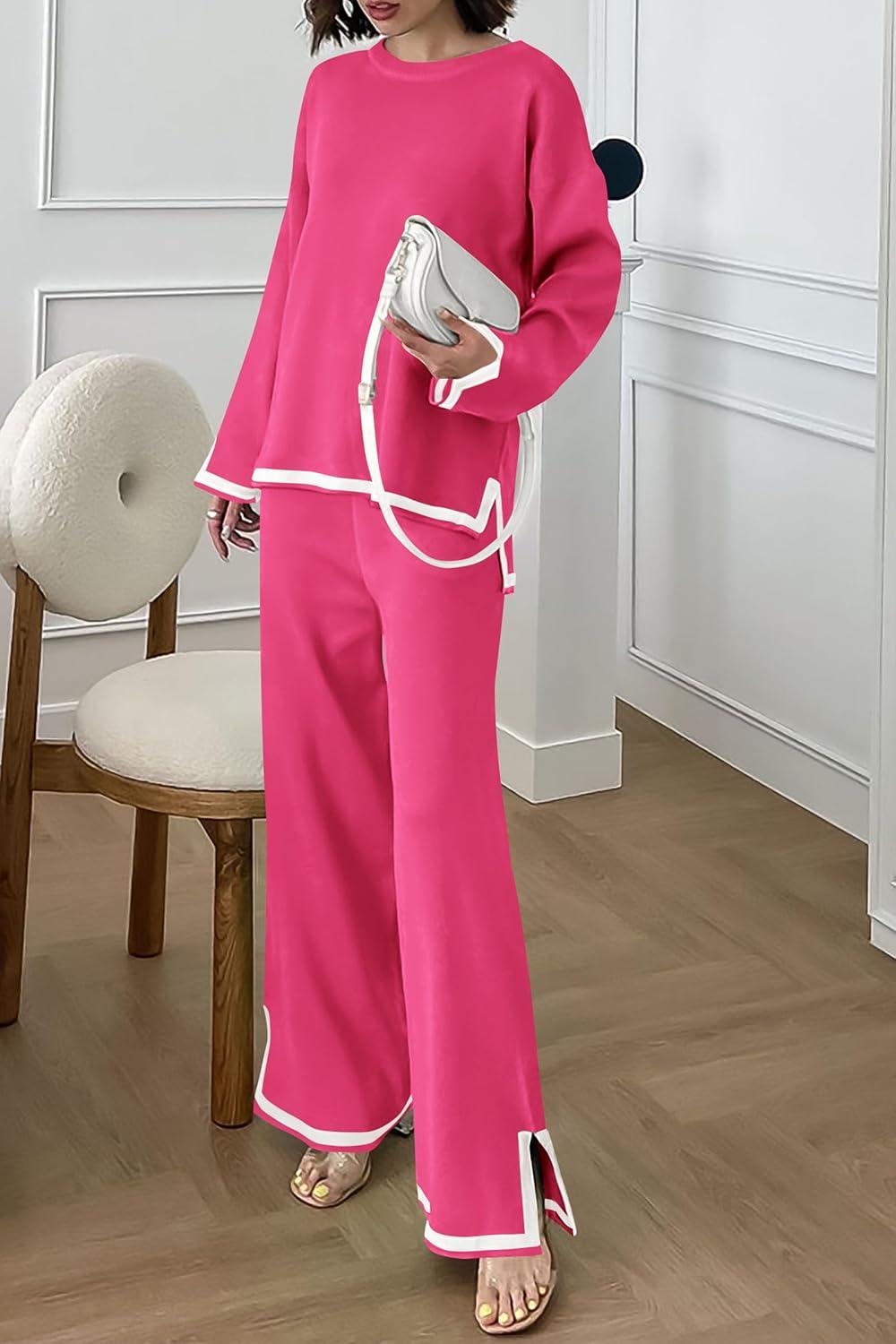 imagePRETTYGARDEN Womens 2 Piece Fall Knit Sweater Set Long Sleeve Tops Wide Leg Pants Sweatsuit Tracksuit Outfit Winter ClothingRose Red