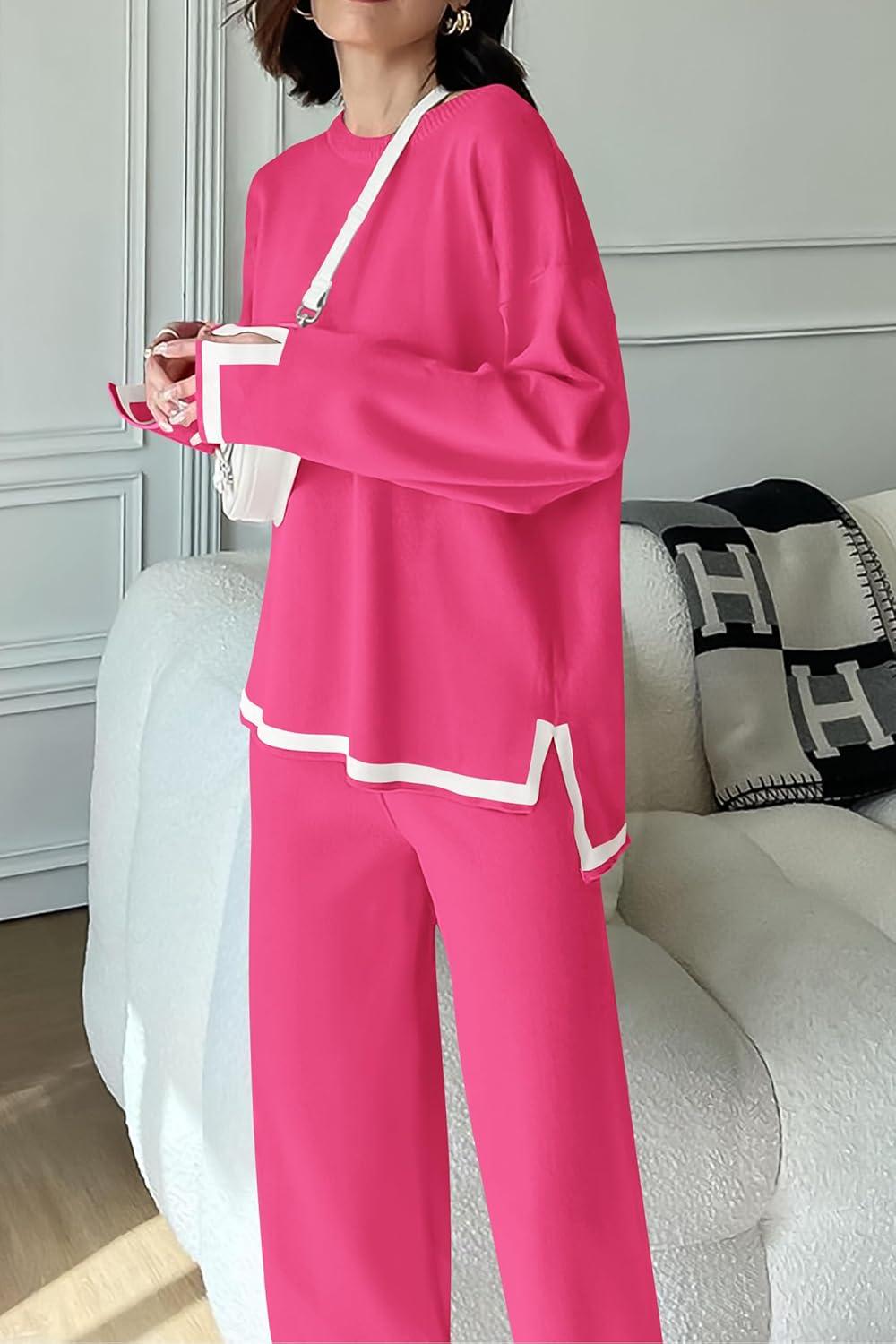 imagePRETTYGARDEN Womens 2 Piece Fall Knit Sweater Set Long Sleeve Tops Wide Leg Pants Sweatsuit Tracksuit Outfit Winter ClothingRose Red