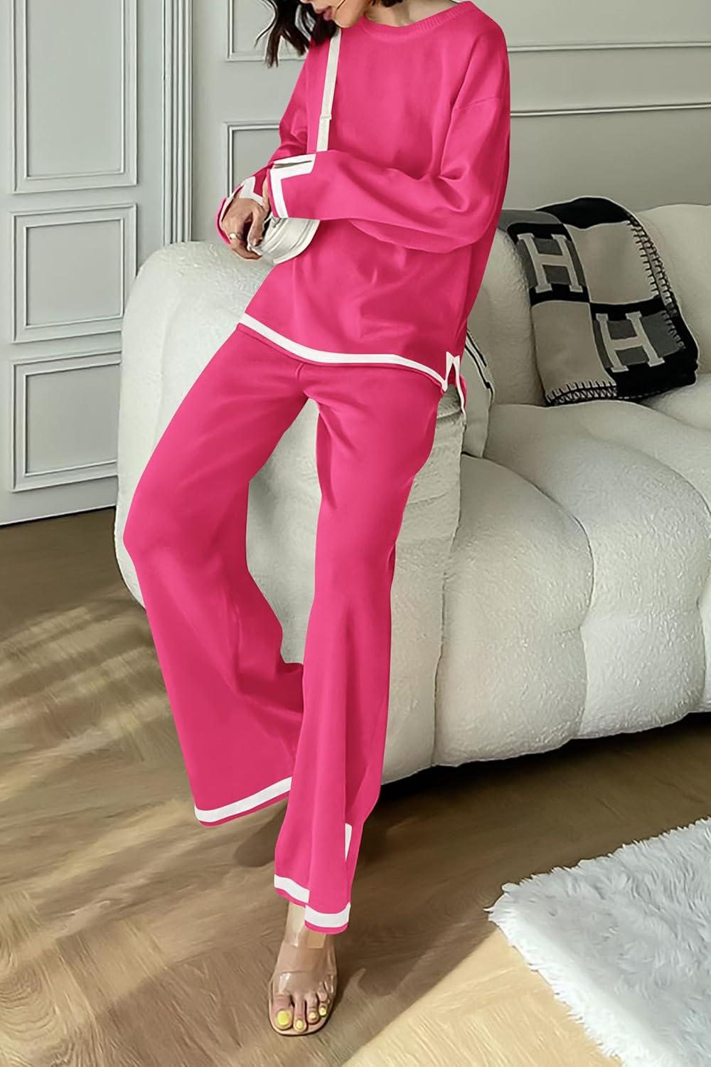 imagePRETTYGARDEN Womens 2 Piece Fall Knit Sweater Set Long Sleeve Tops Wide Leg Pants Sweatsuit Tracksuit Outfit Winter ClothingRose Red