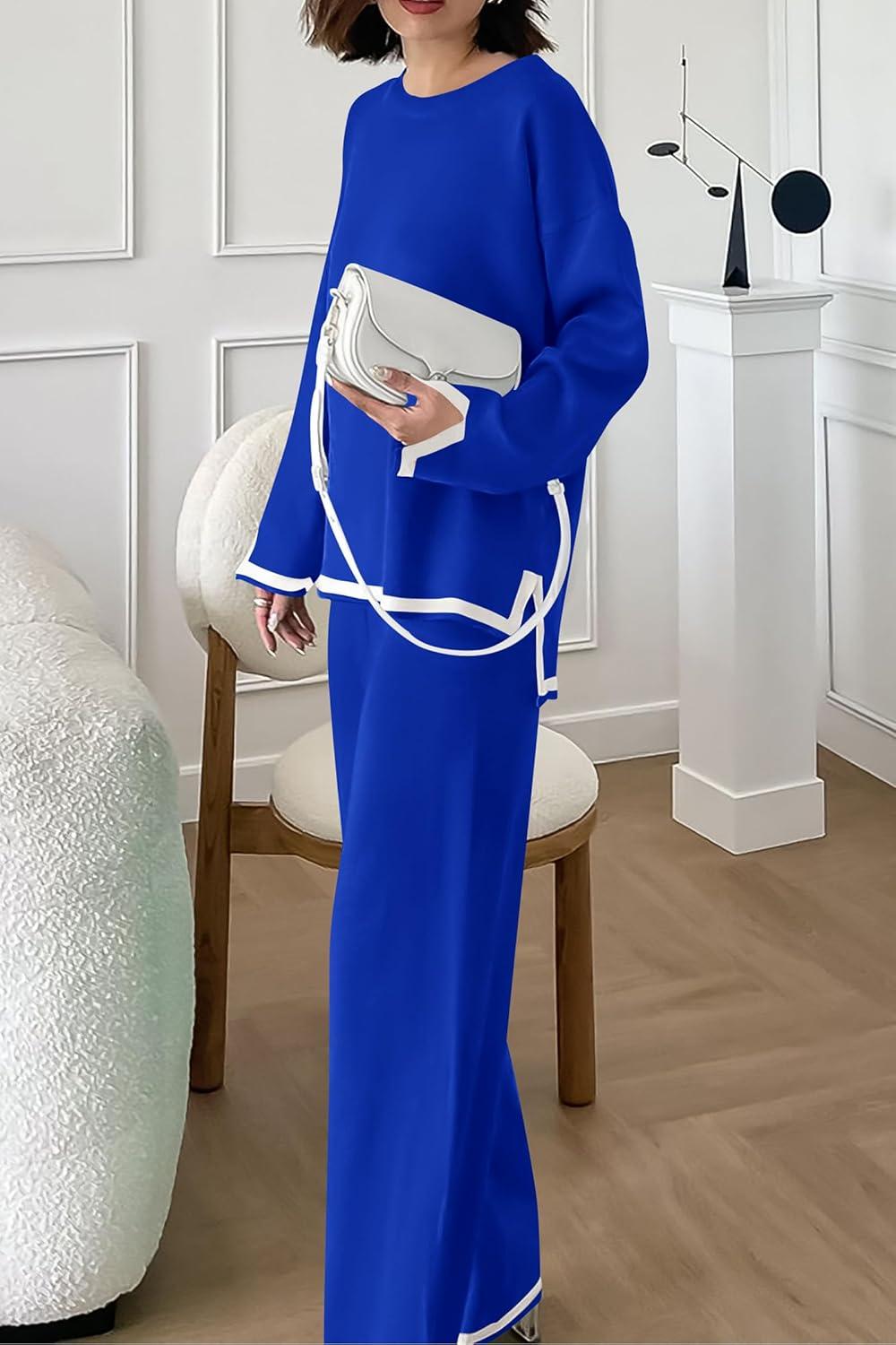 imagePRETTYGARDEN Womens 2 Piece Fall Knit Sweater Set Long Sleeve Tops Wide Leg Pants Sweatsuit Tracksuit Outfit Winter ClothingRoyal Blue