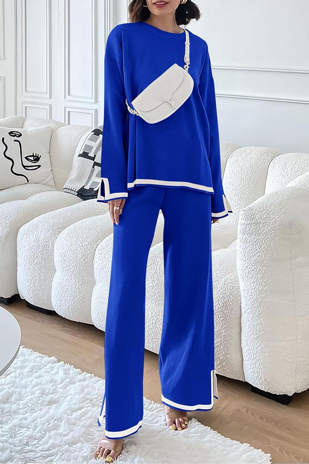 imagePRETTYGARDEN Womens 2 Piece Fall Knit Sweater Set Long Sleeve Tops Wide Leg Pants Sweatsuit Tracksuit Outfit Winter ClothingRoyal Blue