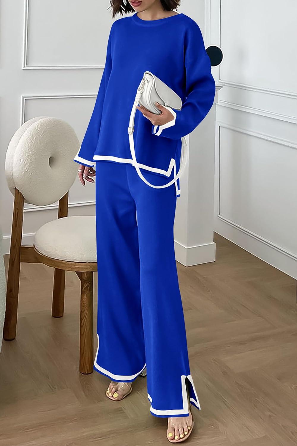 imagePRETTYGARDEN Womens 2 Piece Fall Knit Sweater Set Long Sleeve Tops Wide Leg Pants Sweatsuit Tracksuit Outfit Winter ClothingRoyal Blue