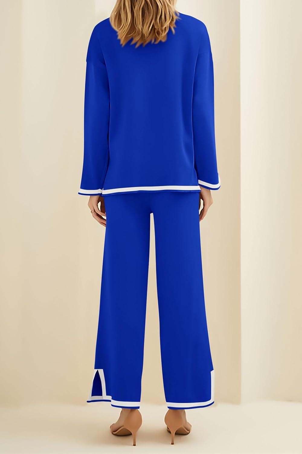 imagePRETTYGARDEN Womens 2 Piece Fall Knit Sweater Set Long Sleeve Tops Wide Leg Pants Sweatsuit Tracksuit Outfit Winter ClothingRoyal Blue