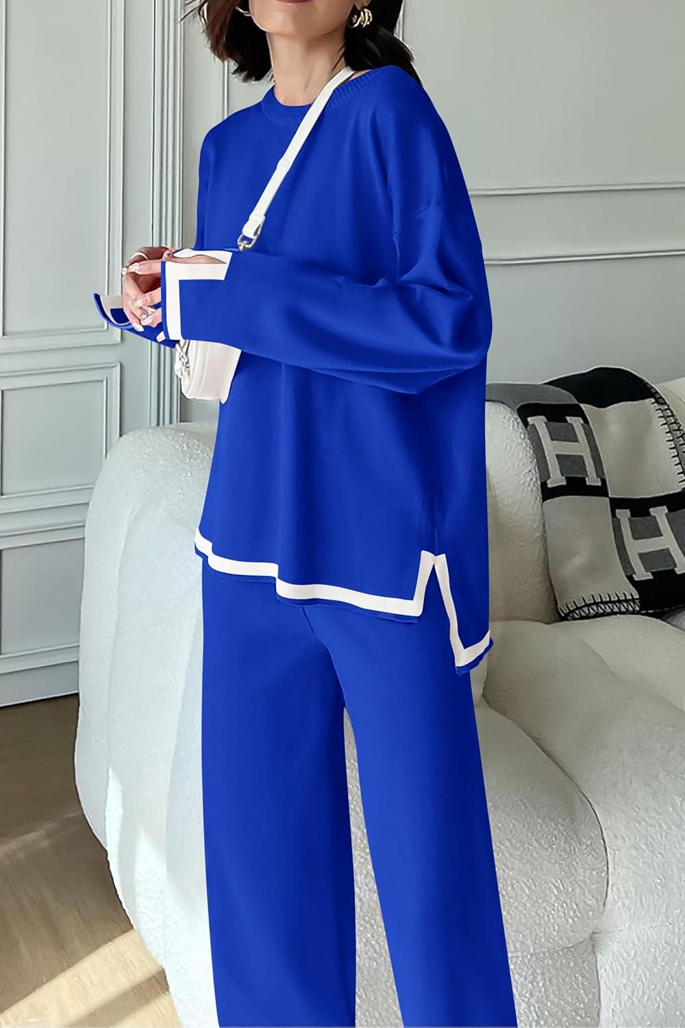 imagePRETTYGARDEN Womens 2 Piece Fall Knit Sweater Set Long Sleeve Tops Wide Leg Pants Sweatsuit Tracksuit Outfit Winter ClothingRoyal Blue