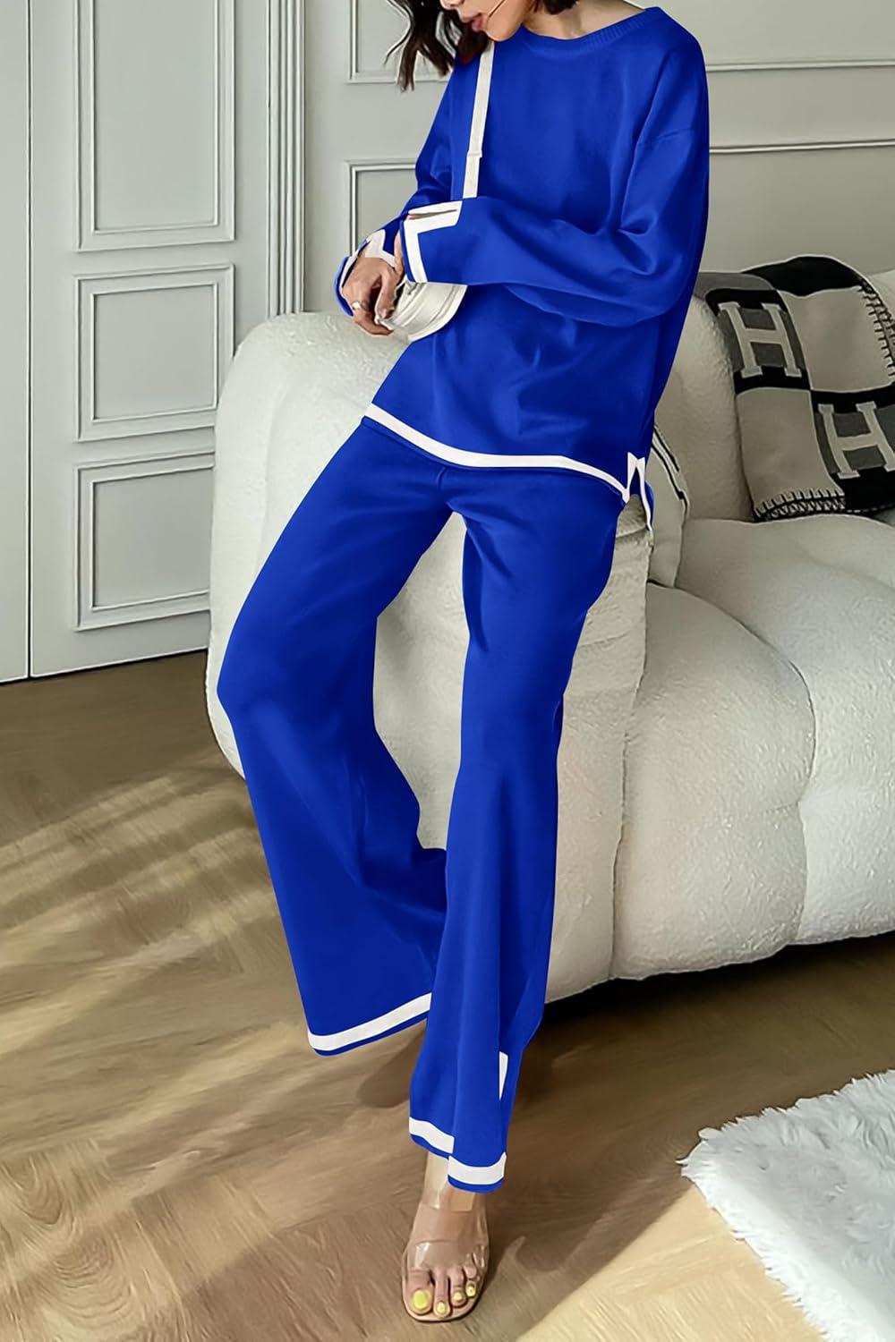 imagePRETTYGARDEN Womens 2 Piece Fall Knit Sweater Set Long Sleeve Tops Wide Leg Pants Sweatsuit Tracksuit Outfit Winter ClothingRoyal Blue