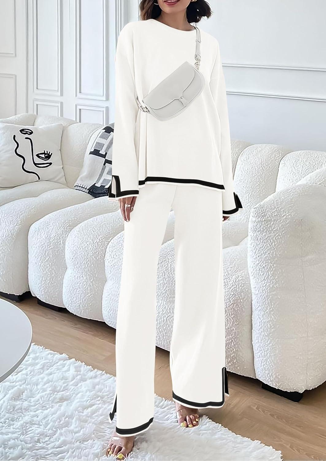imagePRETTYGARDEN Womens 2 Piece Fall Knit Sweater Set Long Sleeve Tops Wide Leg Pants Sweatsuit Tracksuit Outfit Winter ClothingWhite