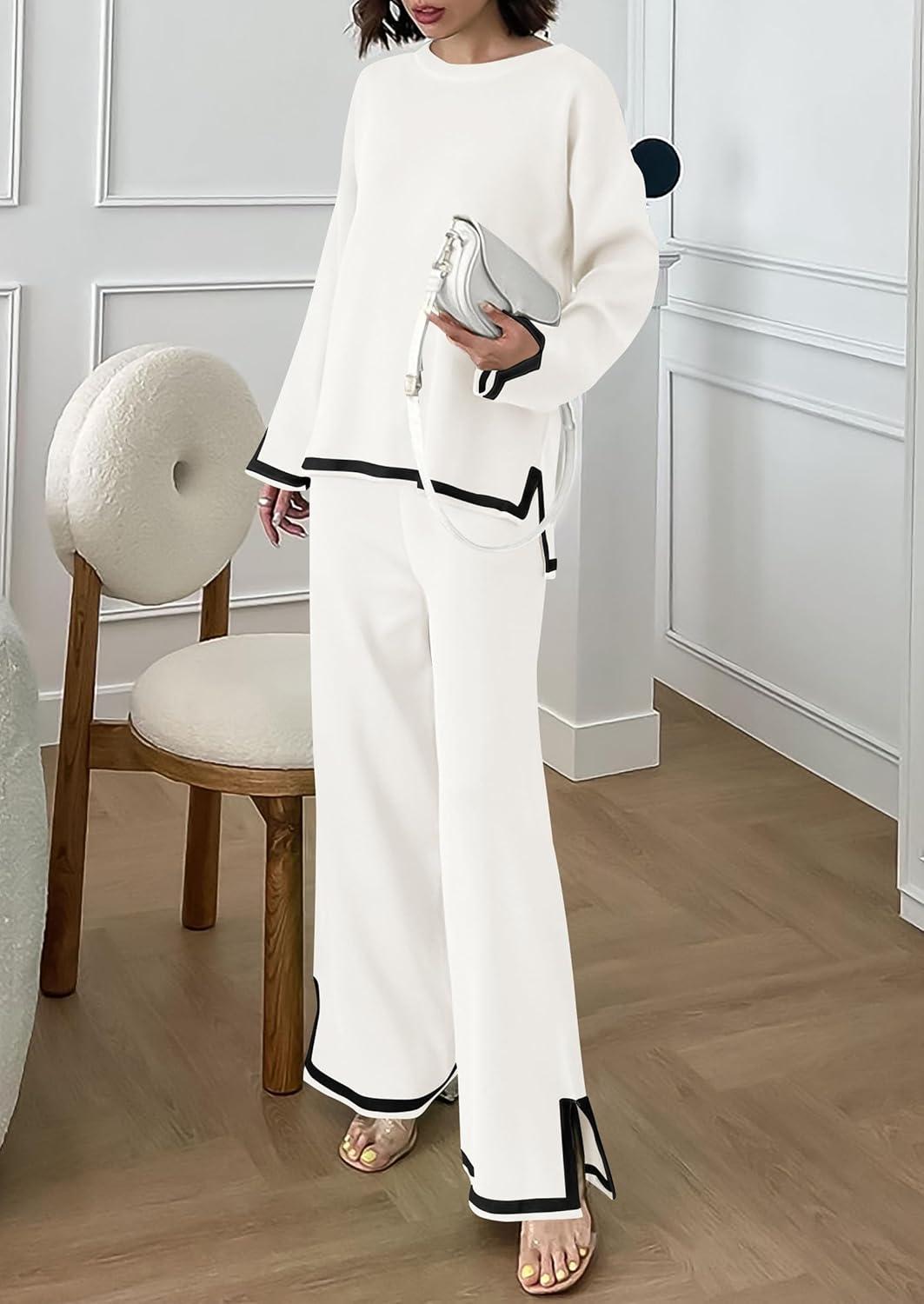 imagePRETTYGARDEN Womens 2 Piece Fall Knit Sweater Set Long Sleeve Tops Wide Leg Pants Sweatsuit Tracksuit Outfit Winter ClothingWhite