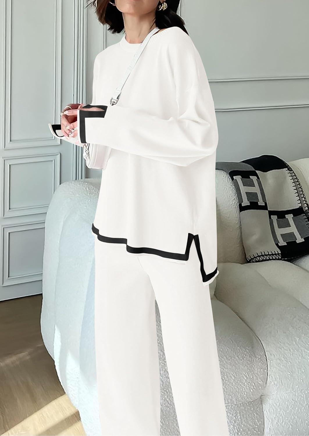imagePRETTYGARDEN Womens 2 Piece Fall Knit Sweater Set Long Sleeve Tops Wide Leg Pants Sweatsuit Tracksuit Outfit Winter ClothingWhite