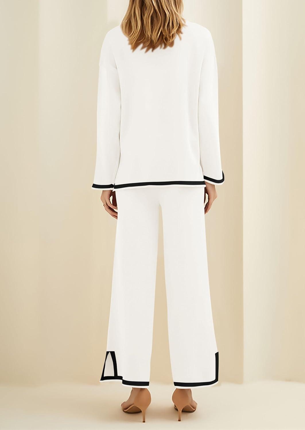 imagePRETTYGARDEN Womens 2 Piece Fall Knit Sweater Set Long Sleeve Tops Wide Leg Pants Sweatsuit Tracksuit Outfit Winter ClothingWhite