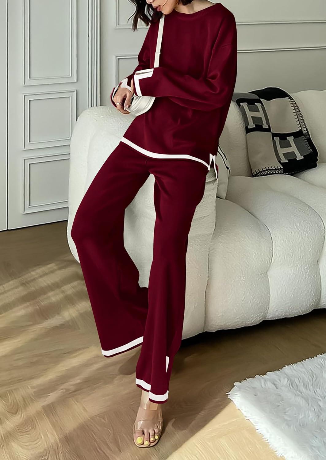imagePRETTYGARDEN Womens 2 Piece Fall Knit Sweater Set Long Sleeve Tops Wide Leg Pants Sweatsuit Tracksuit Outfit Winter ClothingWine Red