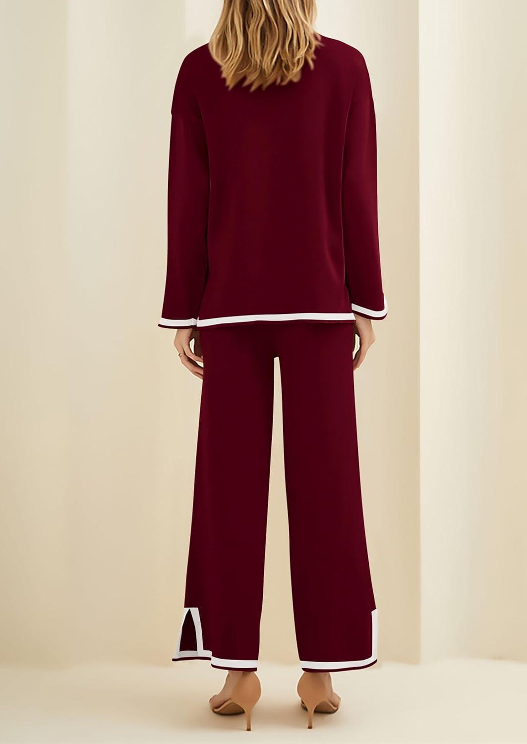 imagePRETTYGARDEN Womens 2 Piece Fall Knit Sweater Set Long Sleeve Tops Wide Leg Pants Sweatsuit Tracksuit Outfit Winter ClothingWine Red
