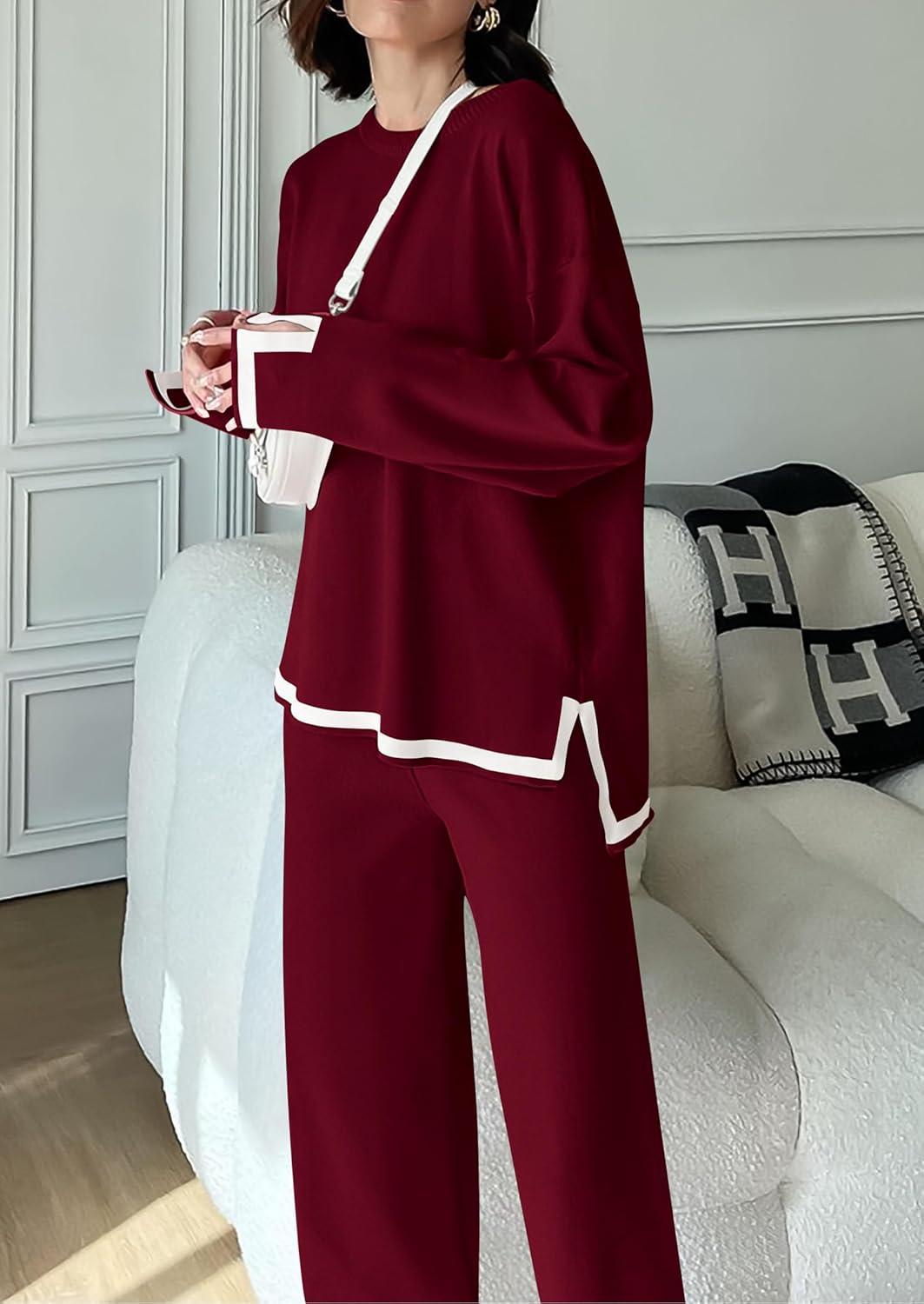 imagePRETTYGARDEN Womens 2 Piece Fall Knit Sweater Set Long Sleeve Tops Wide Leg Pants Sweatsuit Tracksuit Outfit Winter ClothingWine Red