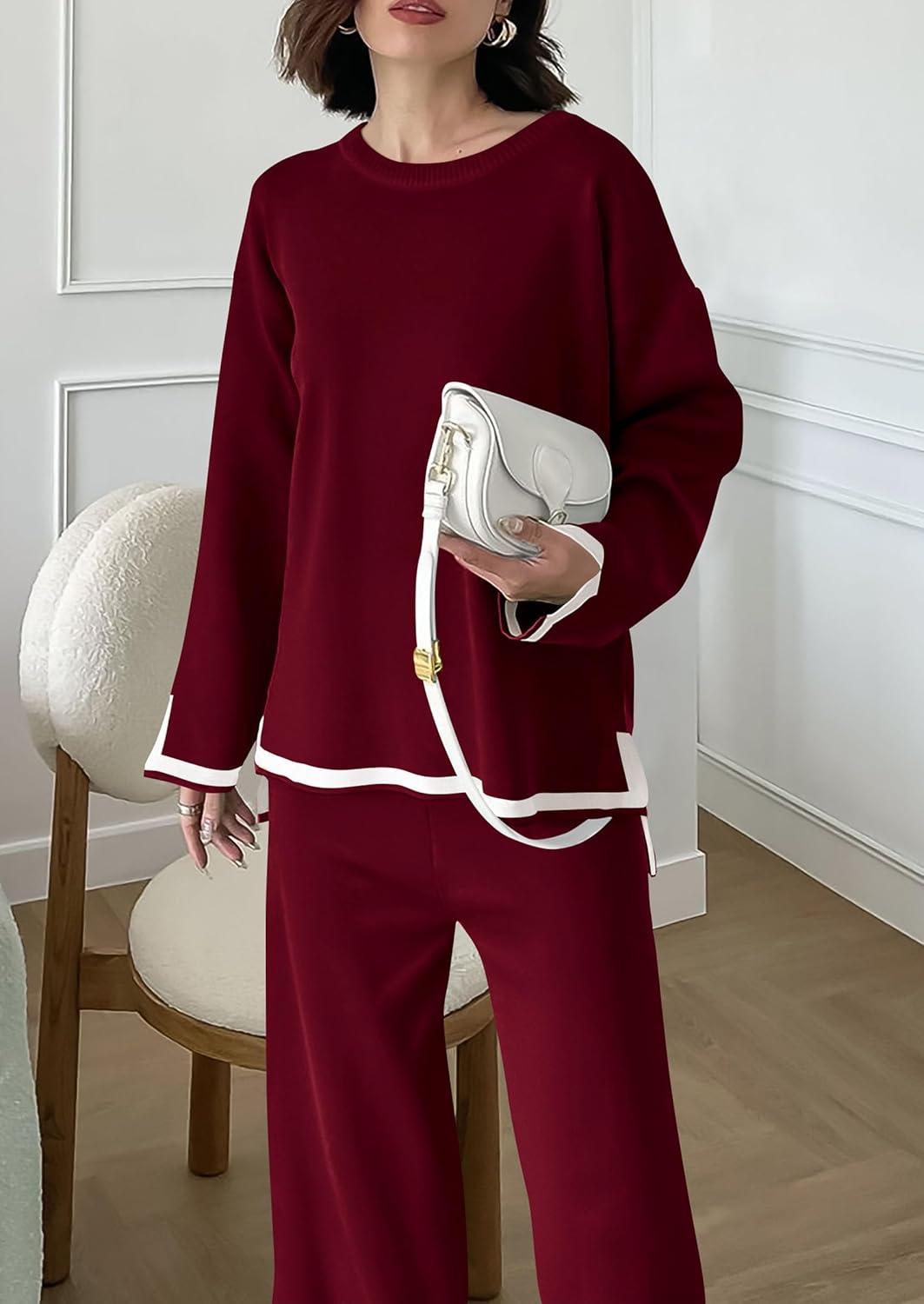 imagePRETTYGARDEN Womens 2 Piece Fall Knit Sweater Set Long Sleeve Tops Wide Leg Pants Sweatsuit Tracksuit Outfit Winter ClothingWine Red