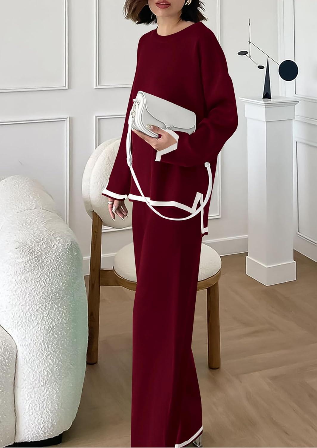 imagePRETTYGARDEN Womens 2 Piece Fall Knit Sweater Set Long Sleeve Tops Wide Leg Pants Sweatsuit Tracksuit Outfit Winter ClothingWine Red