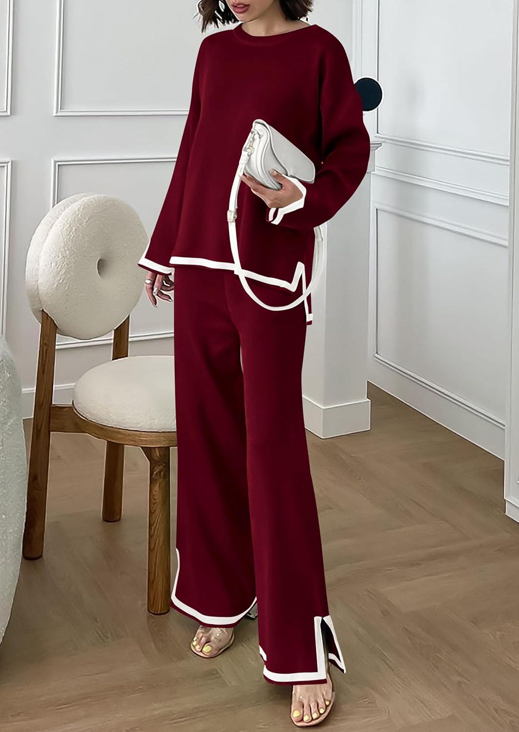 imagePRETTYGARDEN Womens 2 Piece Fall Knit Sweater Set Long Sleeve Tops Wide Leg Pants Sweatsuit Tracksuit Outfit Winter ClothingWine Red