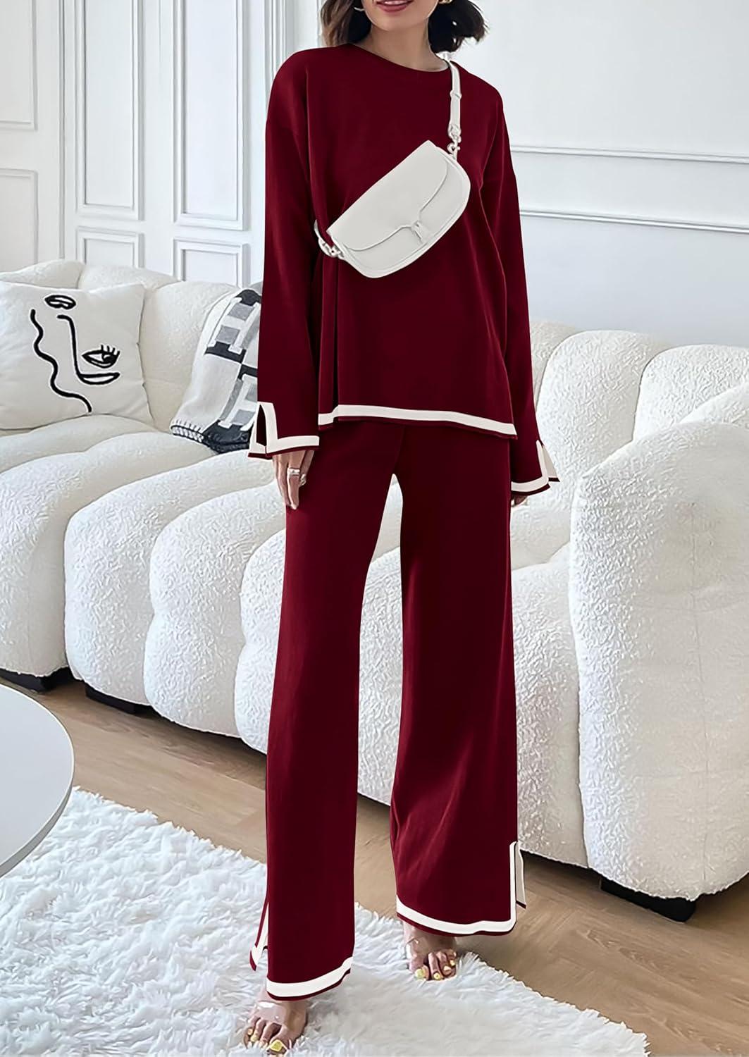 imagePRETTYGARDEN Womens 2 Piece Fall Knit Sweater Set Long Sleeve Tops Wide Leg Pants Sweatsuit Tracksuit Outfit Winter ClothingWine Red