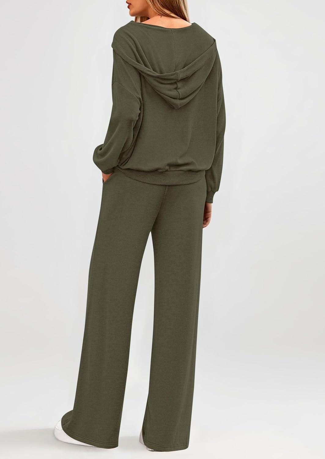 imagePRETTYGARDEN Womens 2 Piece Fall Lounge Sets 2026 Zip Up Hoodie Wide Leg Tracksuit Spring Matching Travel Outfits ClothesArmy Green