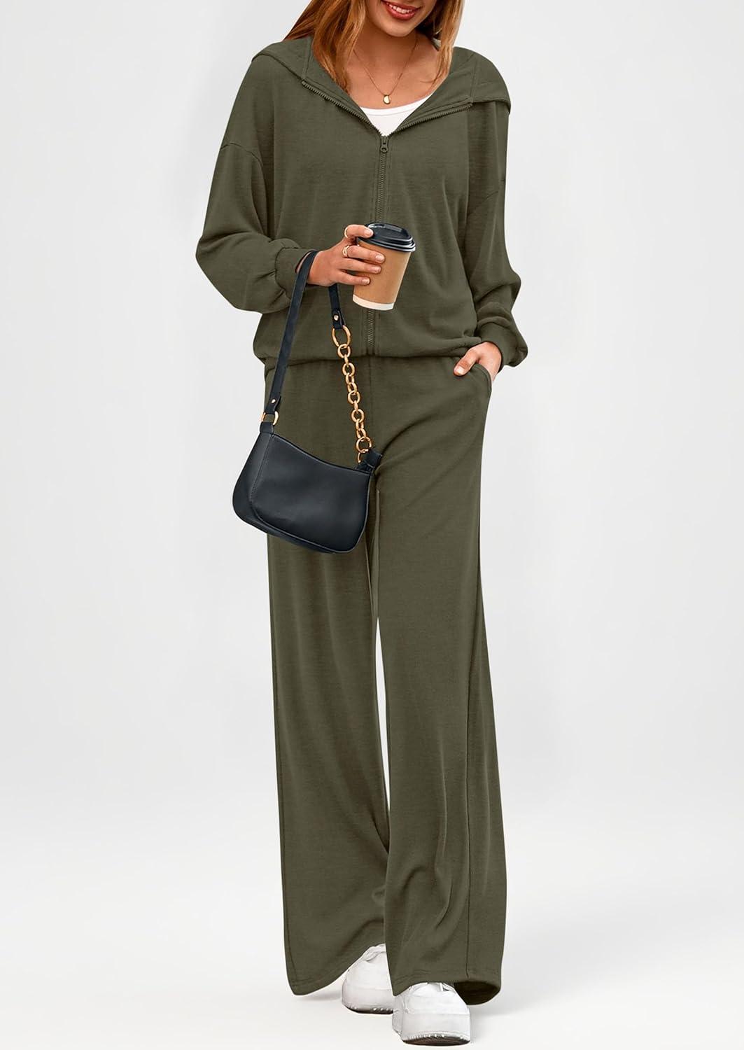 imagePRETTYGARDEN Womens 2 Piece Fall Lounge Sets 2026 Zip Up Hoodie Wide Leg Tracksuit Spring Matching Travel Outfits ClothesArmy Green