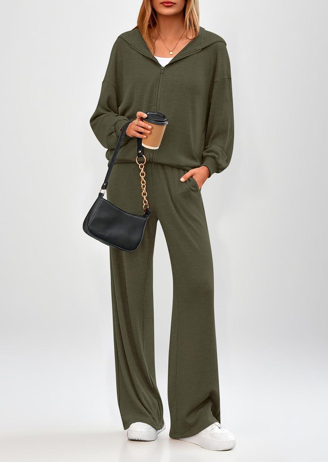 imagePRETTYGARDEN Womens 2 Piece Fall Lounge Sets 2026 Zip Up Hoodie Wide Leg Tracksuit Spring Matching Travel Outfits ClothesArmy Green