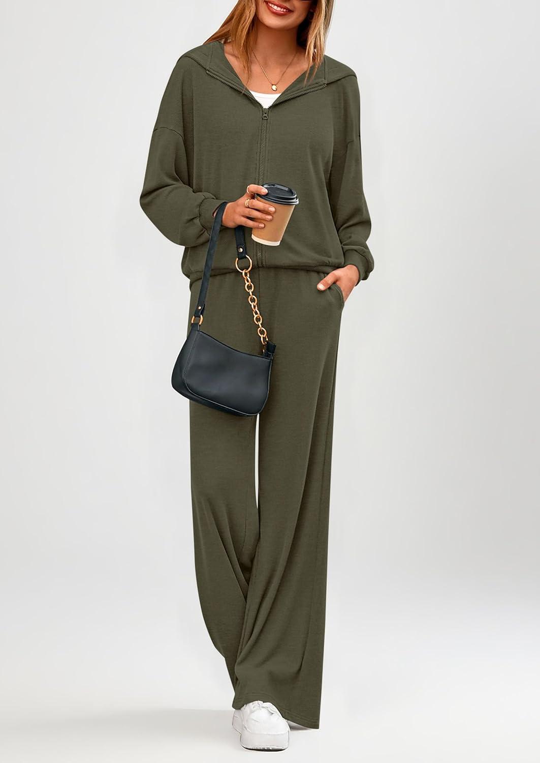 imagePRETTYGARDEN Womens 2 Piece Fall Lounge Sets 2026 Zip Up Hoodie Wide Leg Tracksuit Spring Matching Travel Outfits ClothesArmy Green