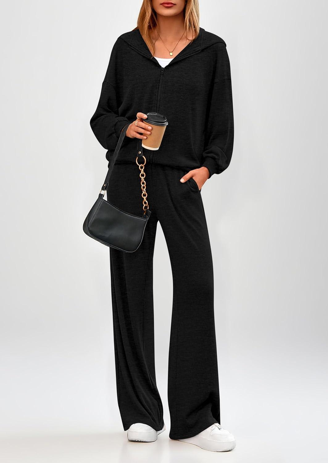 imagePRETTYGARDEN Womens 2 Piece Fall Lounge Sets 2026 Zip Up Hoodie Wide Leg Tracksuit Spring Matching Travel Outfits ClothesBlack