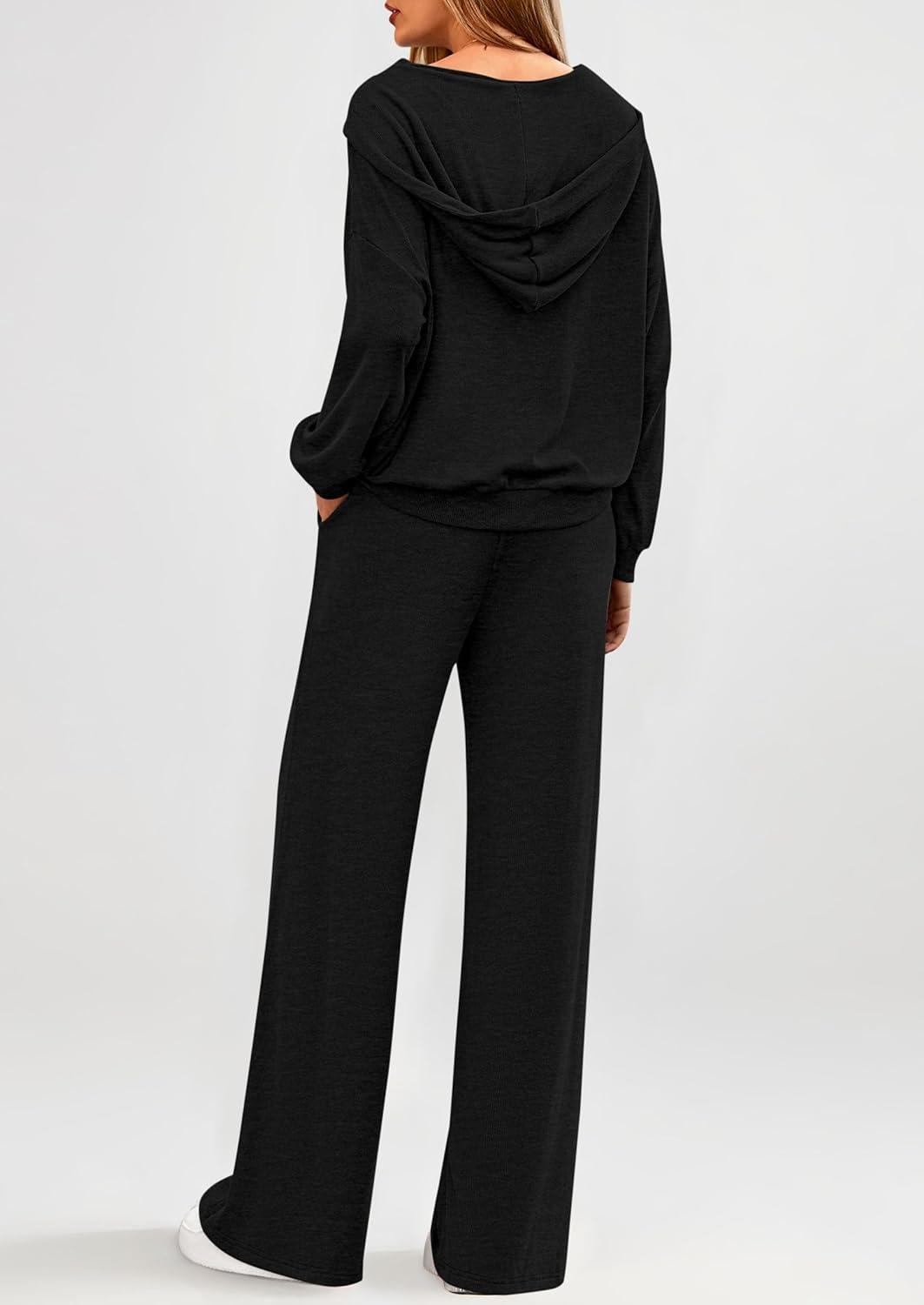 imagePRETTYGARDEN Womens 2 Piece Fall Lounge Sets 2026 Zip Up Hoodie Wide Leg Tracksuit Spring Matching Travel Outfits ClothesBlack