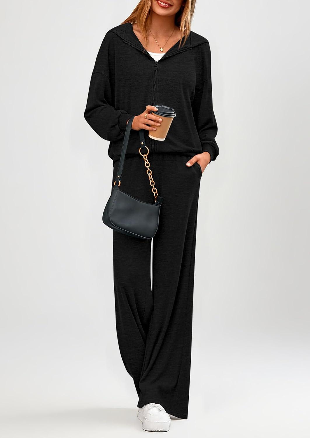 imagePRETTYGARDEN Womens 2 Piece Fall Lounge Sets 2026 Zip Up Hoodie Wide Leg Tracksuit Spring Matching Travel Outfits ClothesBlack