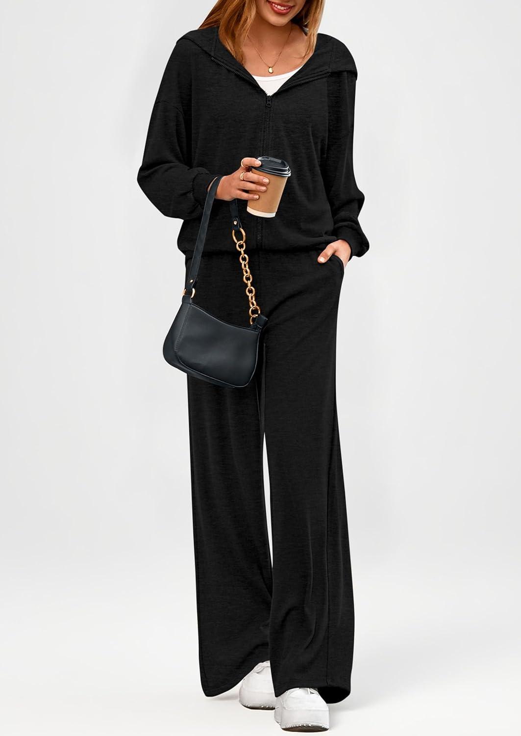 imagePRETTYGARDEN Womens 2 Piece Fall Lounge Sets 2026 Zip Up Hoodie Wide Leg Tracksuit Spring Matching Travel Outfits ClothesBlack