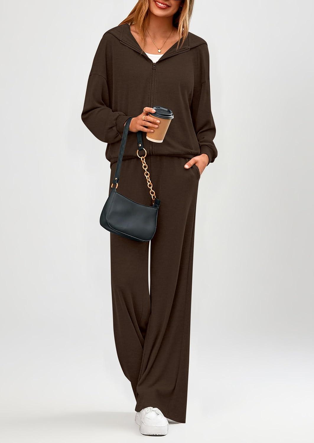 imagePRETTYGARDEN Womens 2 Piece Fall Lounge Sets 2026 Zip Up Hoodie Wide Leg Tracksuit Spring Matching Travel Outfits ClothesBrown