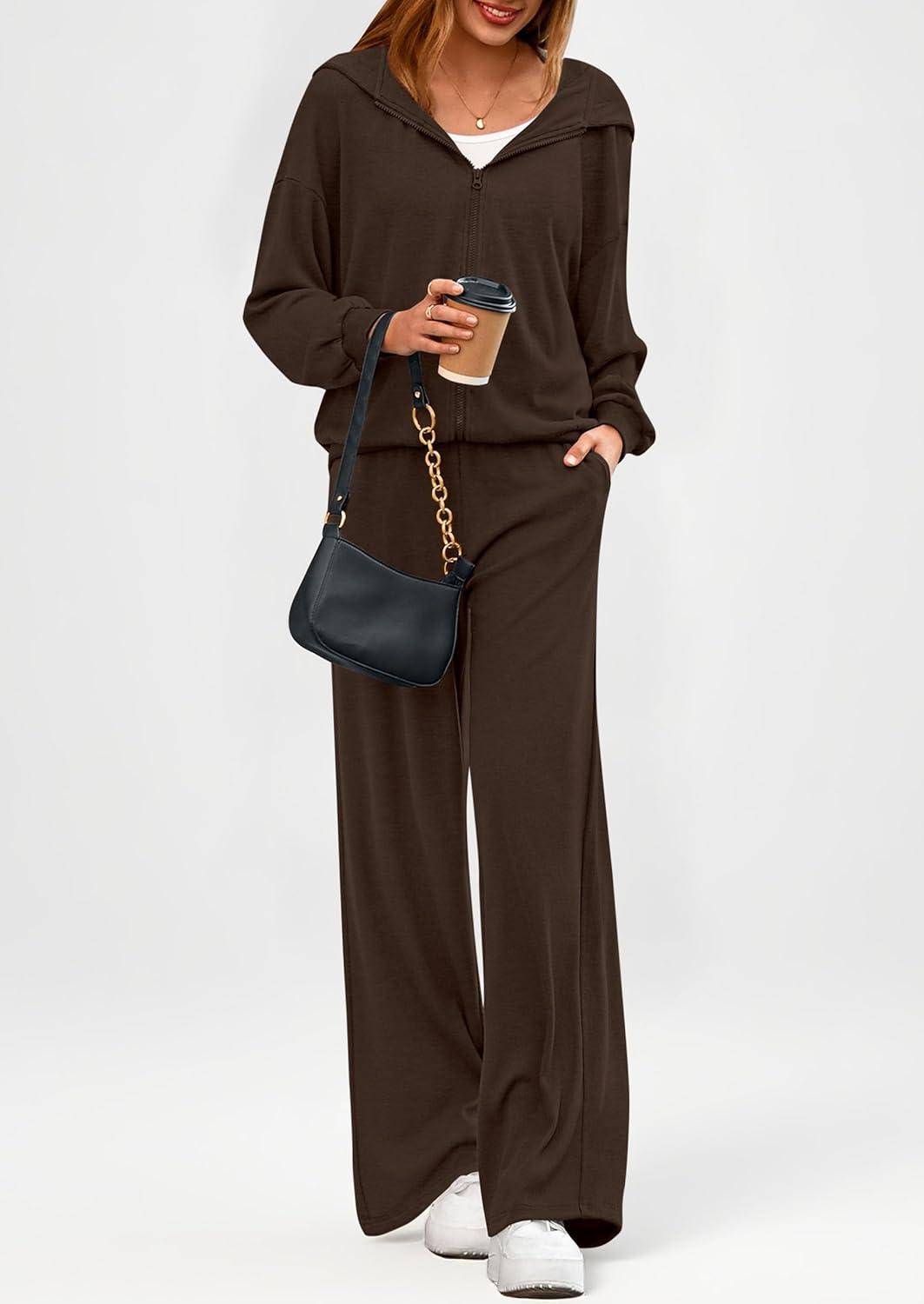 imagePRETTYGARDEN Womens 2 Piece Fall Lounge Sets 2026 Zip Up Hoodie Wide Leg Tracksuit Spring Matching Travel Outfits ClothesBrown