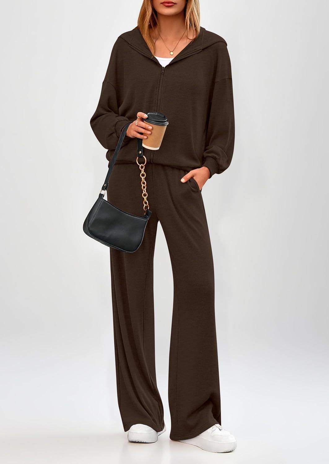 imagePRETTYGARDEN Womens 2 Piece Fall Lounge Sets 2026 Zip Up Hoodie Wide Leg Tracksuit Spring Matching Travel Outfits ClothesBrown