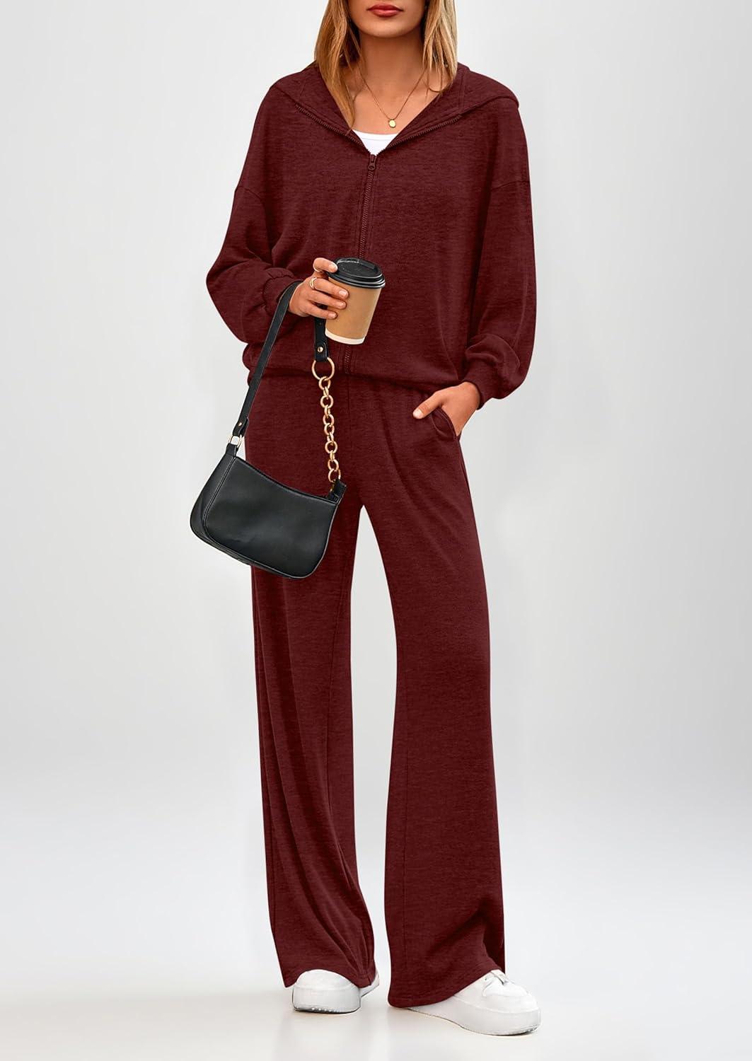 imagePRETTYGARDEN Womens 2 Piece Fall Lounge Sets 2026 Zip Up Hoodie Wide Leg Tracksuit Spring Matching Travel Outfits ClothesBurgundy