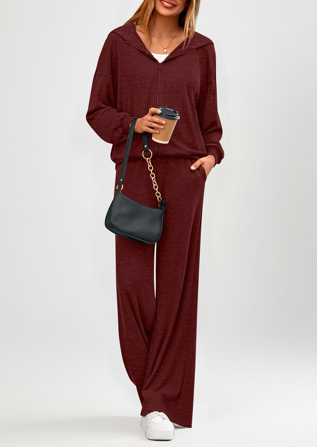 imagePRETTYGARDEN Womens 2 Piece Fall Lounge Sets 2026 Zip Up Hoodie Wide Leg Tracksuit Spring Matching Travel Outfits ClothesBurgundy