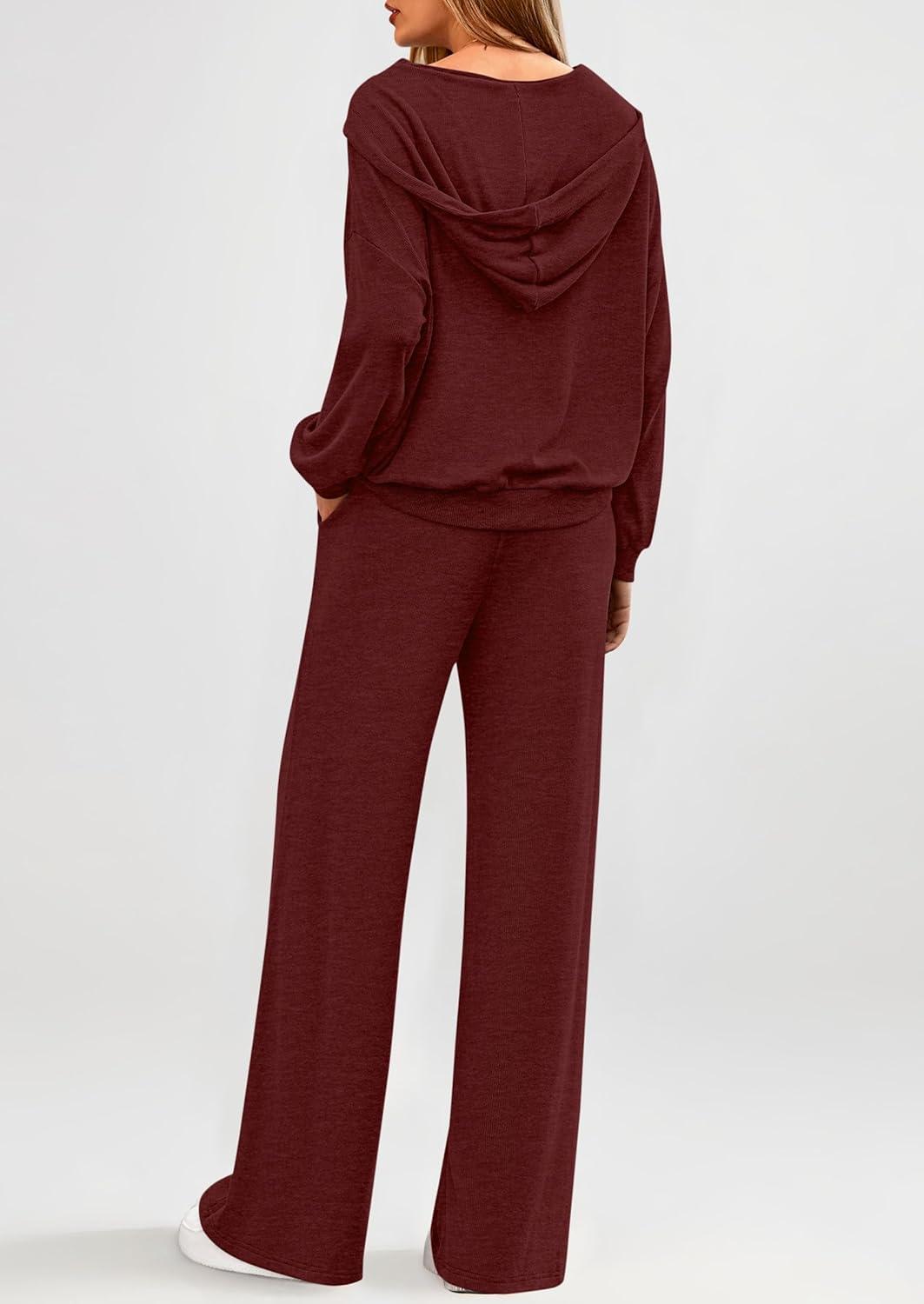 imagePRETTYGARDEN Womens 2 Piece Fall Lounge Sets 2026 Zip Up Hoodie Wide Leg Tracksuit Spring Matching Travel Outfits ClothesBurgundy