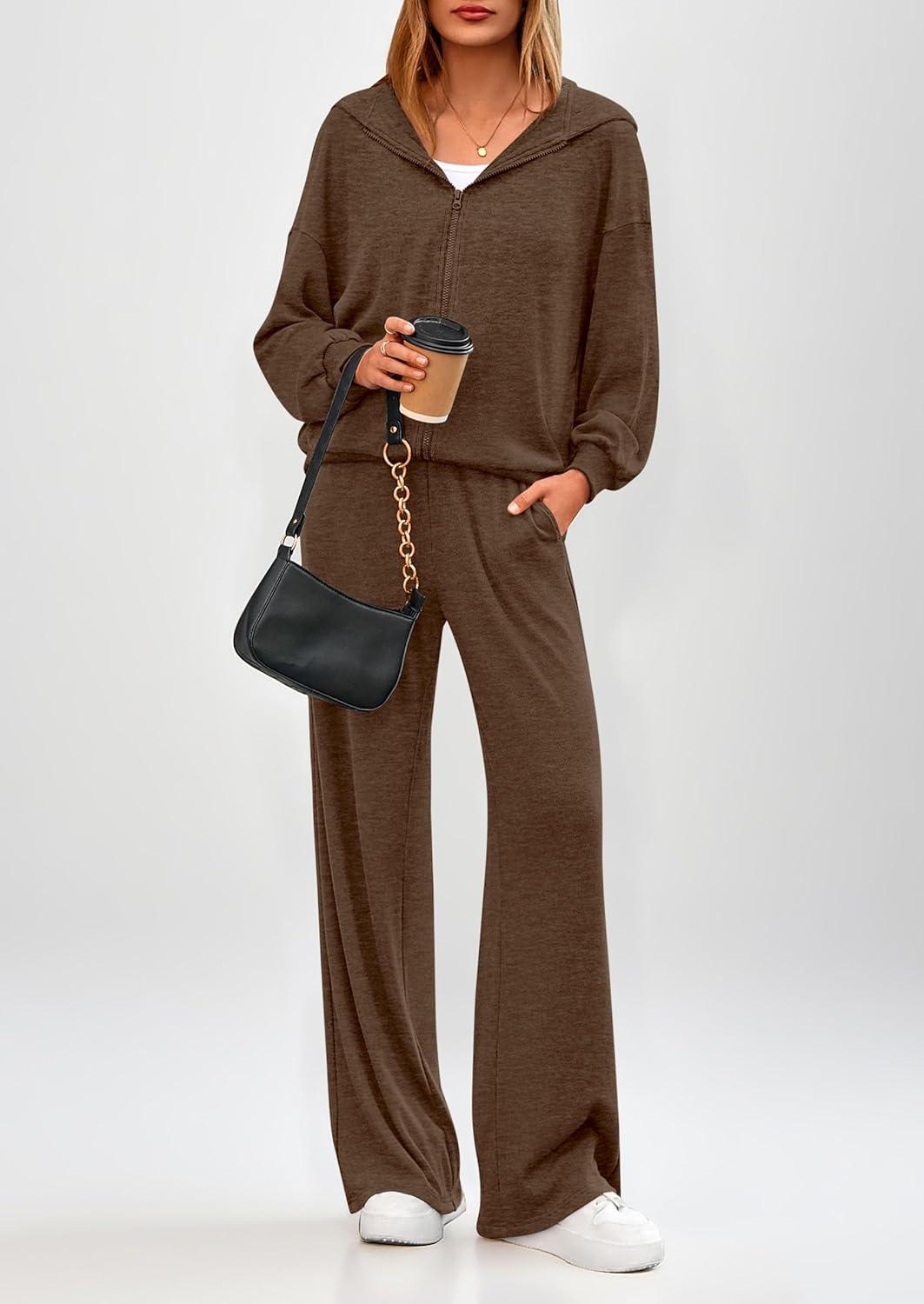 imagePRETTYGARDEN Womens 2 Piece Fall Lounge Sets 2026 Zip Up Hoodie Wide Leg Tracksuit Spring Matching Travel Outfits ClothesCoffee