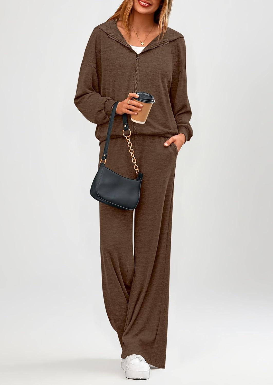 imagePRETTYGARDEN Womens 2 Piece Fall Lounge Sets 2026 Zip Up Hoodie Wide Leg Tracksuit Spring Matching Travel Outfits ClothesCoffee