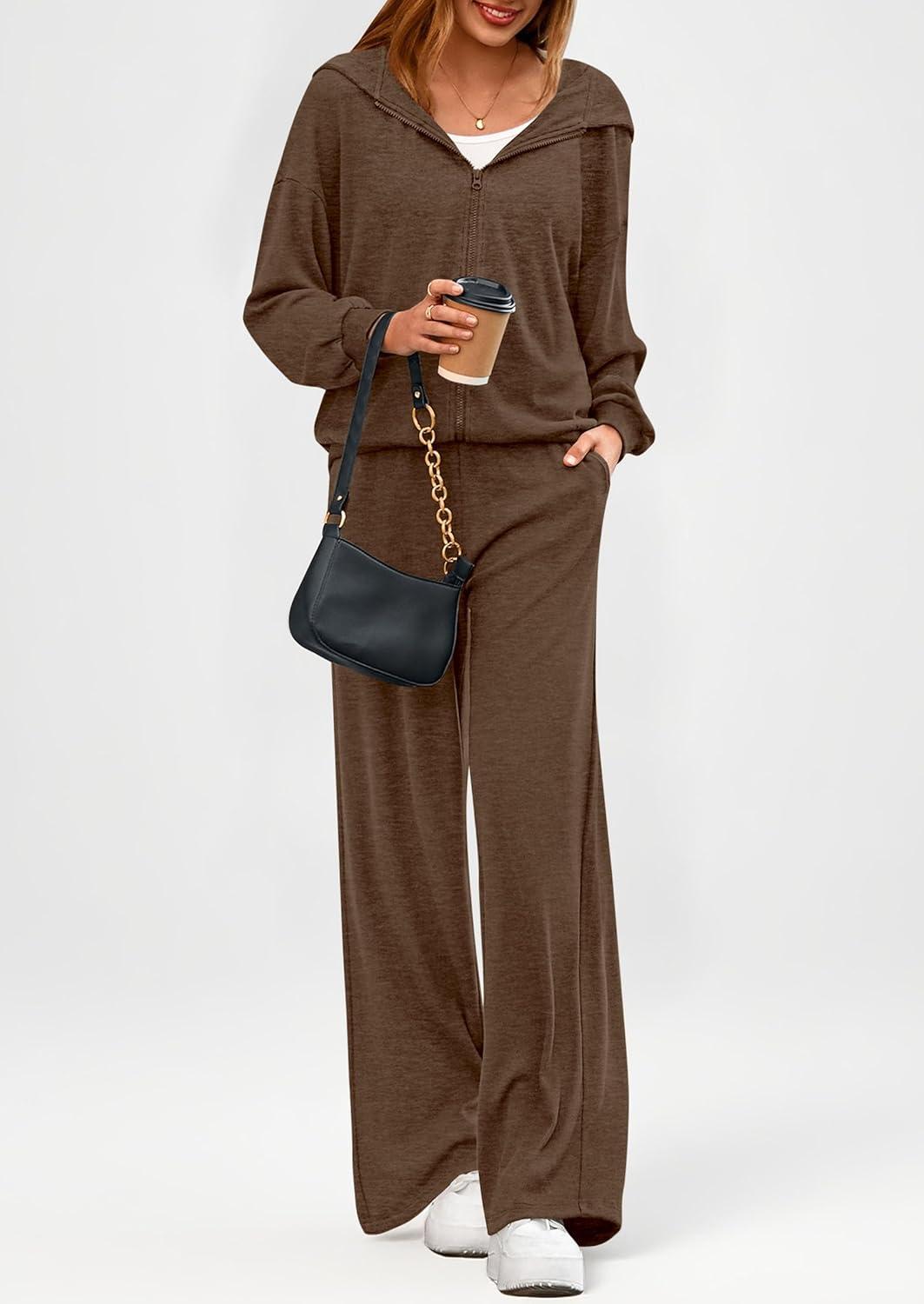 imagePRETTYGARDEN Womens 2 Piece Fall Lounge Sets 2026 Zip Up Hoodie Wide Leg Tracksuit Spring Matching Travel Outfits ClothesCoffee