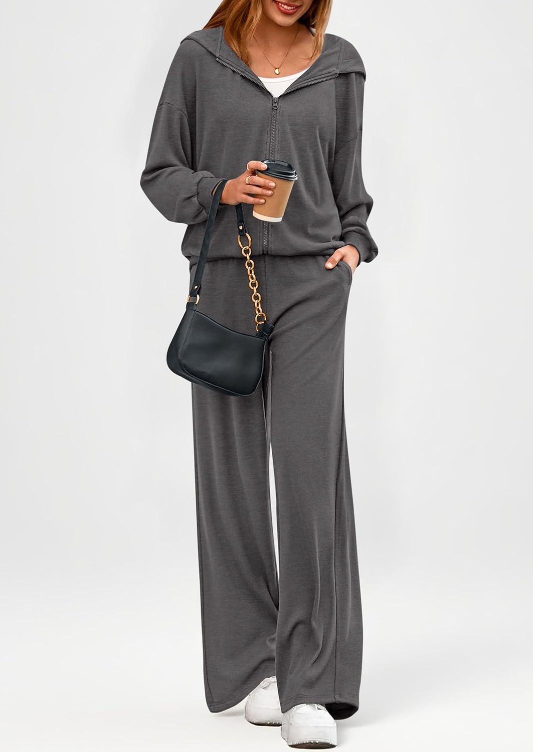 imagePRETTYGARDEN Womens 2 Piece Fall Lounge Sets 2026 Zip Up Hoodie Wide Leg Tracksuit Spring Matching Travel Outfits ClothesDark Grey