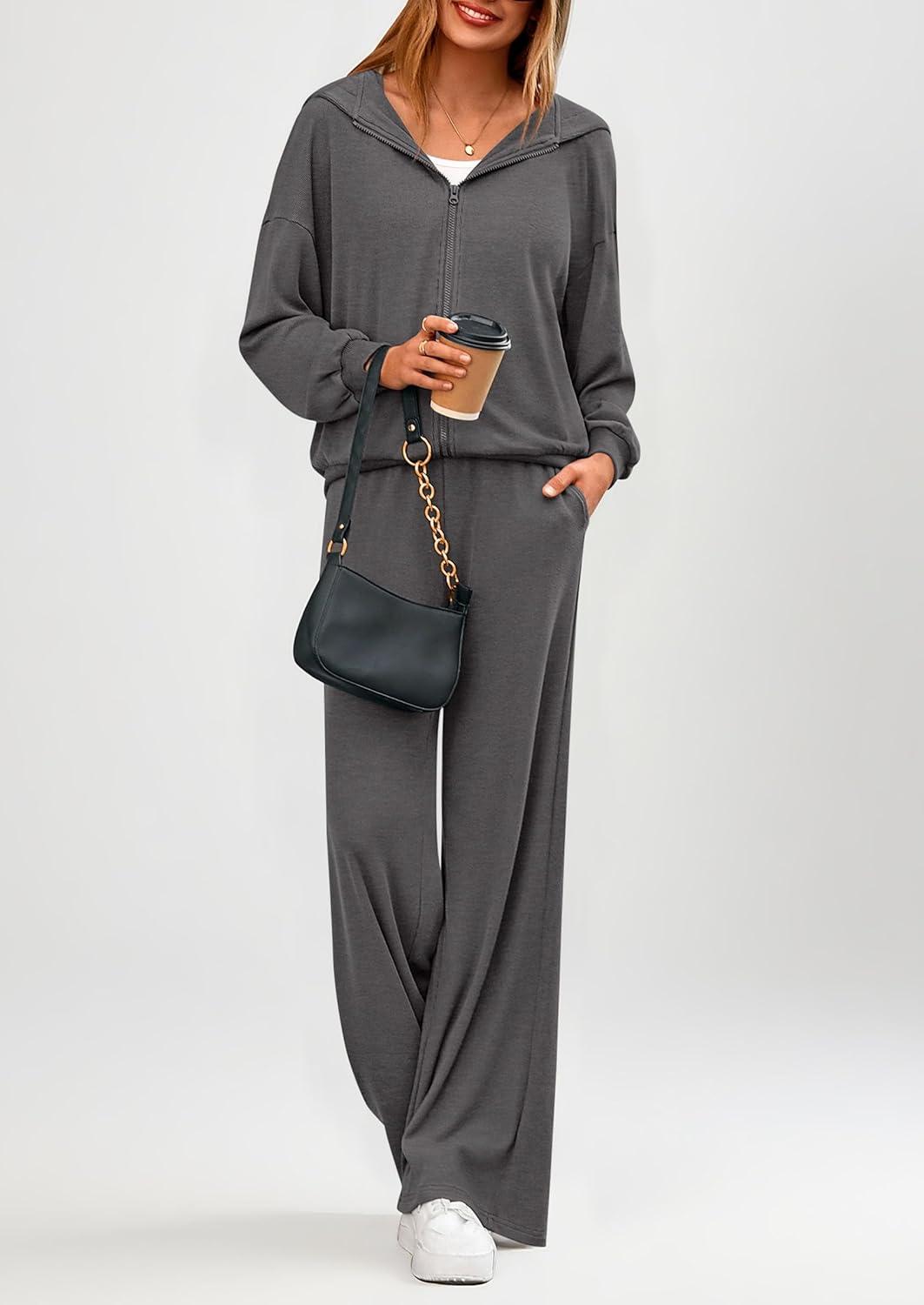 imagePRETTYGARDEN Womens 2 Piece Fall Lounge Sets 2026 Zip Up Hoodie Wide Leg Tracksuit Spring Matching Travel Outfits ClothesDark Grey