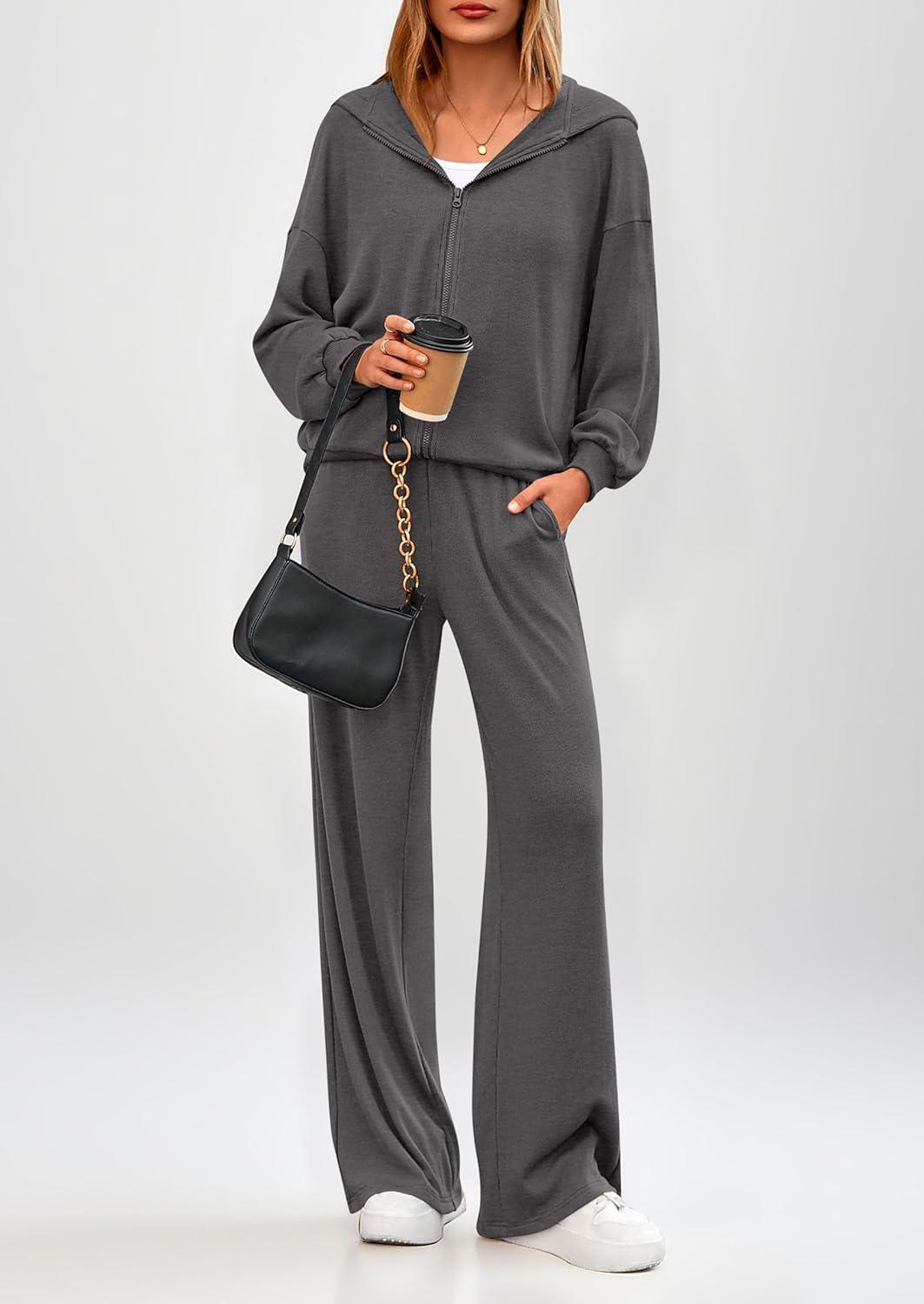 imagePRETTYGARDEN Womens 2 Piece Fall Lounge Sets 2026 Zip Up Hoodie Wide Leg Tracksuit Spring Matching Travel Outfits ClothesDark Grey