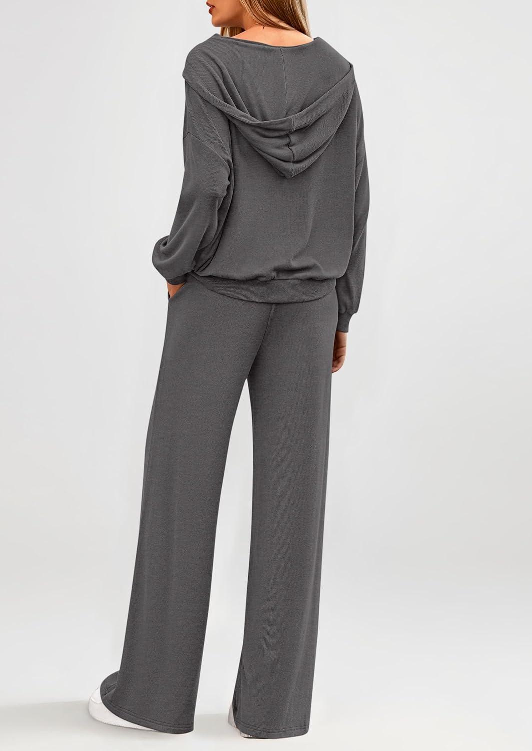 imagePRETTYGARDEN Womens 2 Piece Fall Lounge Sets 2026 Zip Up Hoodie Wide Leg Tracksuit Spring Matching Travel Outfits ClothesDark Grey