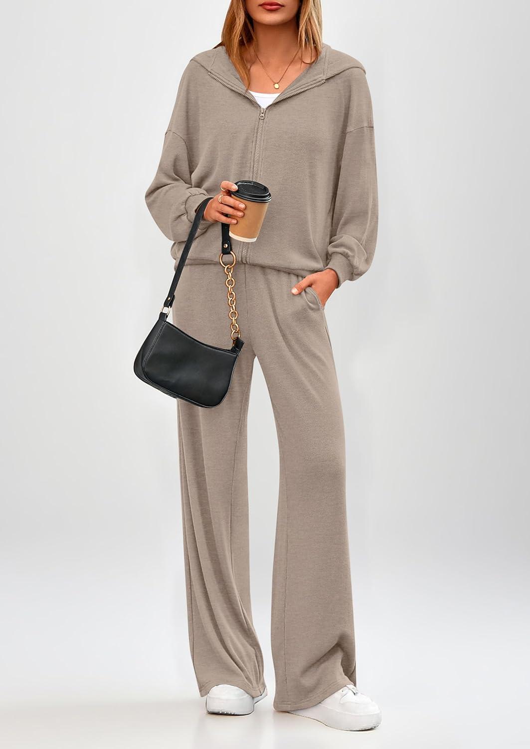 imagePRETTYGARDEN Womens 2 Piece Fall Lounge Sets 2026 Zip Up Hoodie Wide Leg Tracksuit Spring Matching Travel Outfits ClothesKhaki