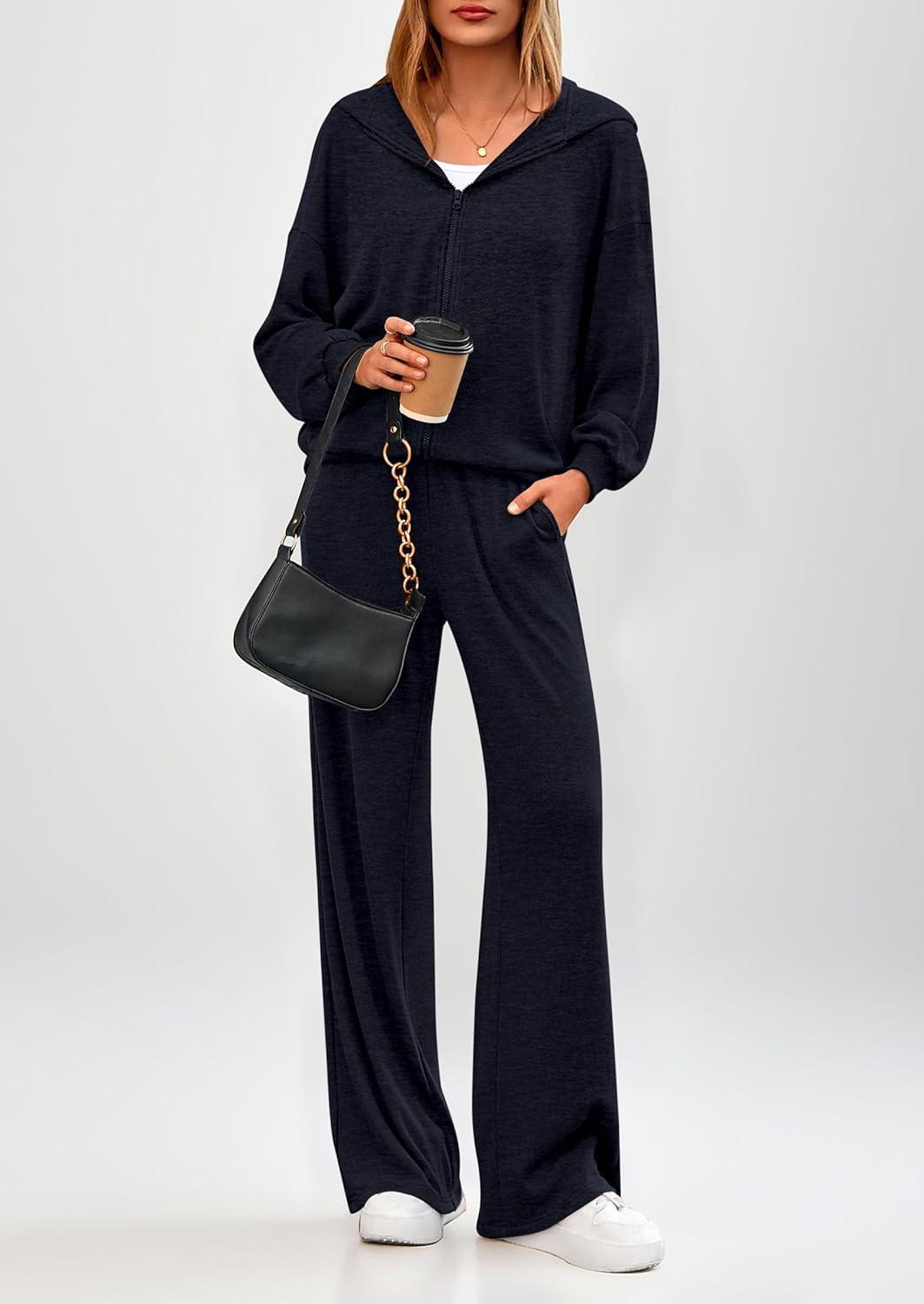 imagePRETTYGARDEN Womens 2 Piece Fall Lounge Sets 2026 Zip Up Hoodie Wide Leg Tracksuit Spring Matching Travel Outfits ClothesNavy Blue